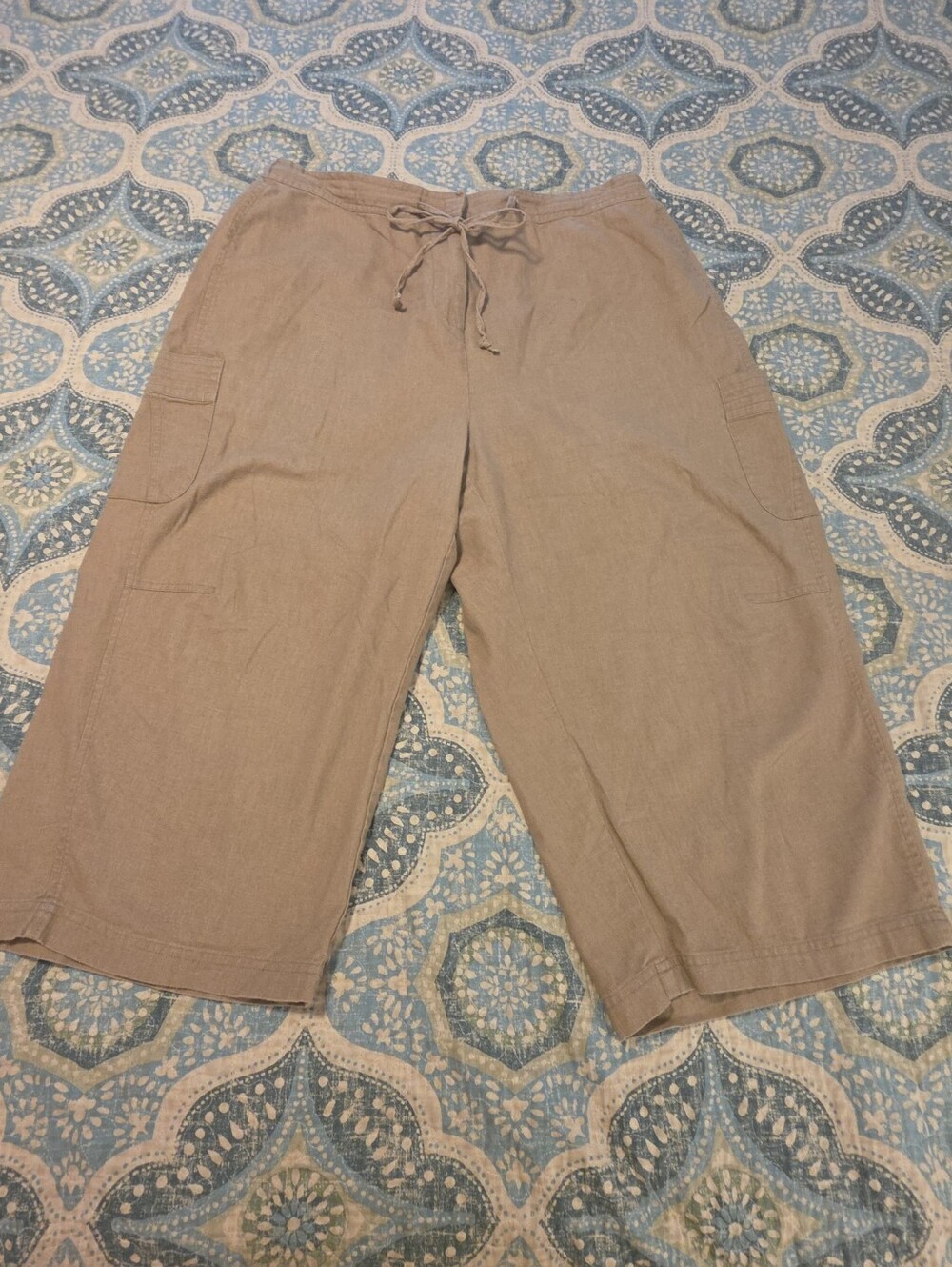 Sportelle Linen Blend Cargo Capri Pants Tan Drawstring Coastal Boho Crop 2X